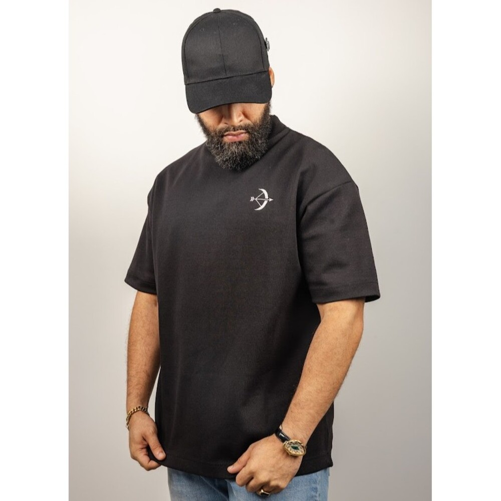 Black Mock Neck Tee Premium Heavyweight Cotton Dropped Shoulder Oversized